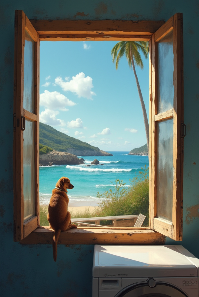 Perrito esperando a que su dueño termine de lavar la ropa en Lavandería en Puerto de la Cruz